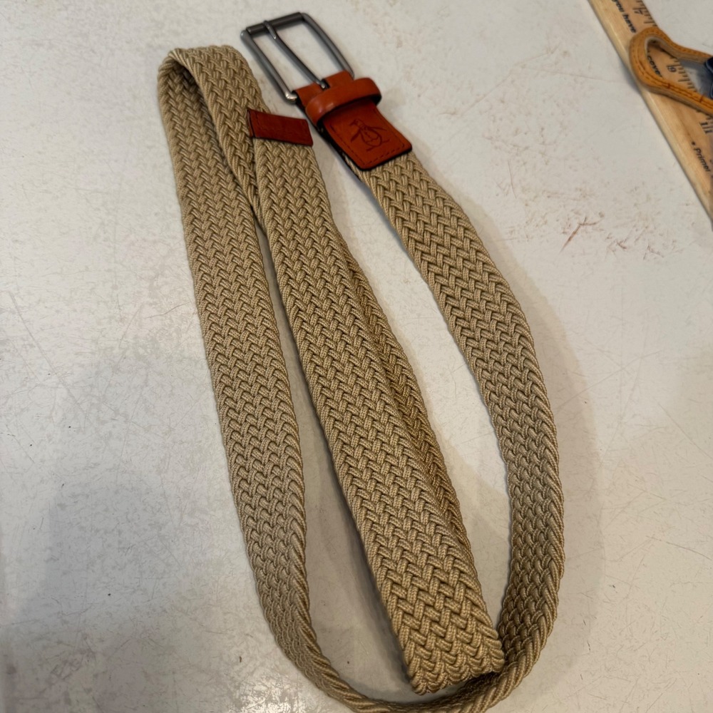 Original Penguin Braided Belt Mens 40 Tan Woven Full Grain Cowhide HN86100